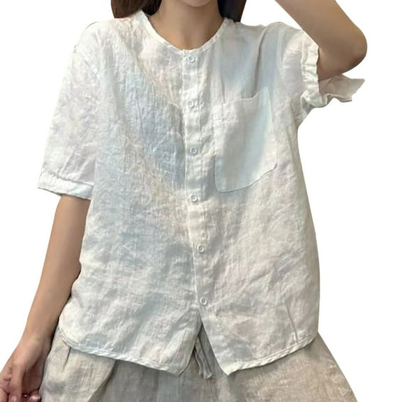 XIAOCHA Women's Linen Short Sleeve Round Neck Shirt Loose Fit Versatile Stylish Youthful Casual Top