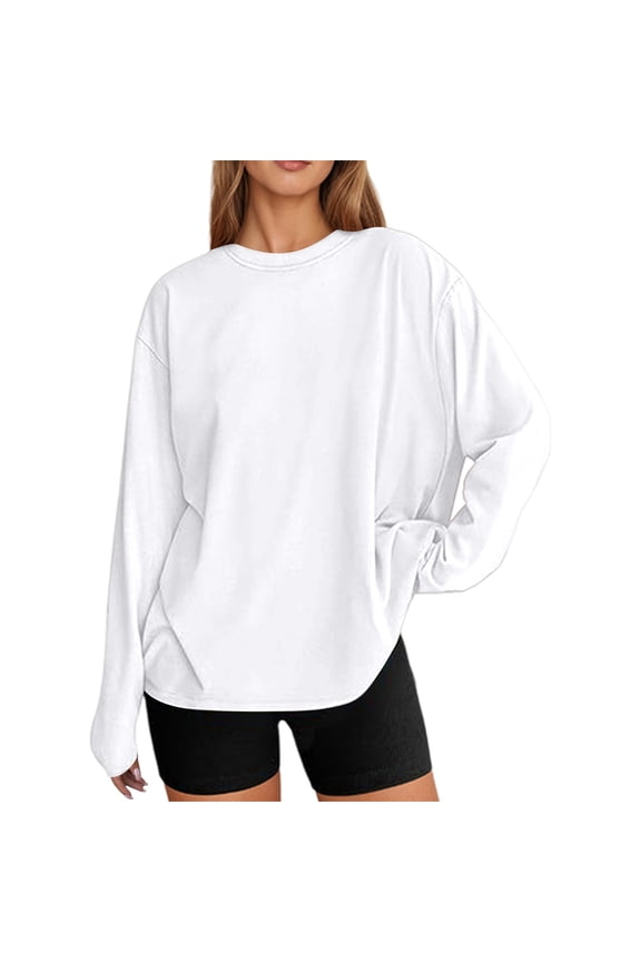 Women’s Long Sleeve Crew Neck Tee Soft Breathable Curved Hem Loose Fit Casual Daily Wear Shirt