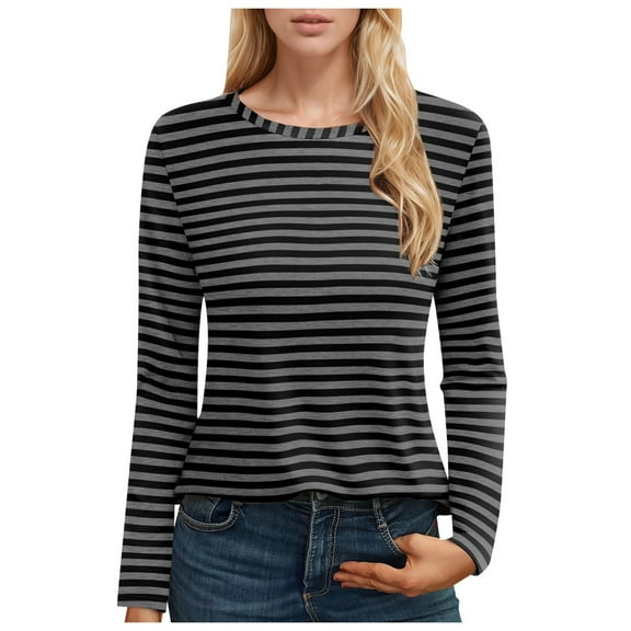 XIAOCHA Women's Long Sleeve Striped Crew Neck Casual T-Shirt for Everyday Wear Stylish Comfy Basic Top