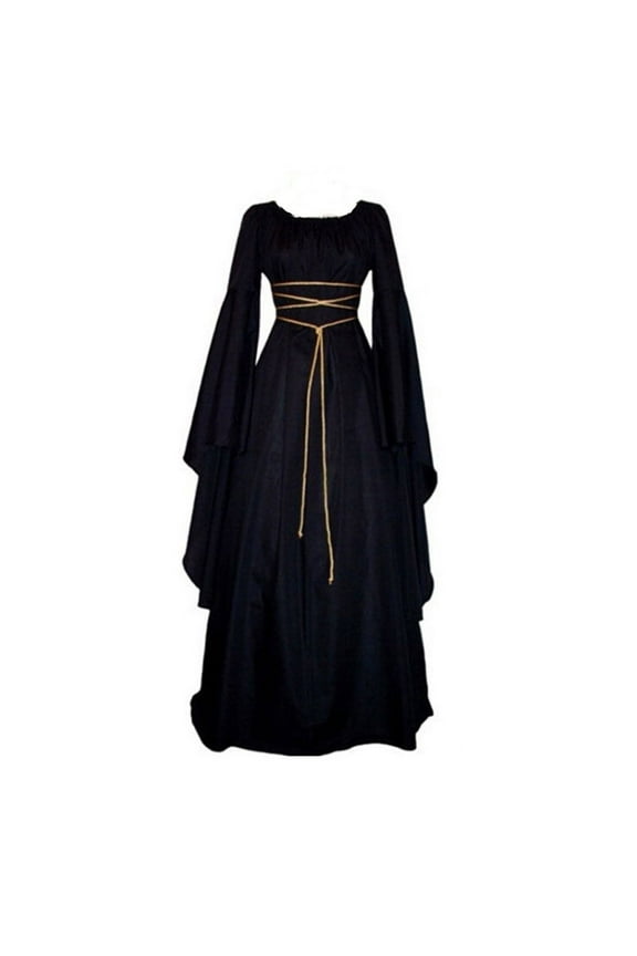 Women's Medieval Gothic Maxi Dress Bell Sleeve Lace Up Waist Witch Dress Renaissance Themed Party Costume
