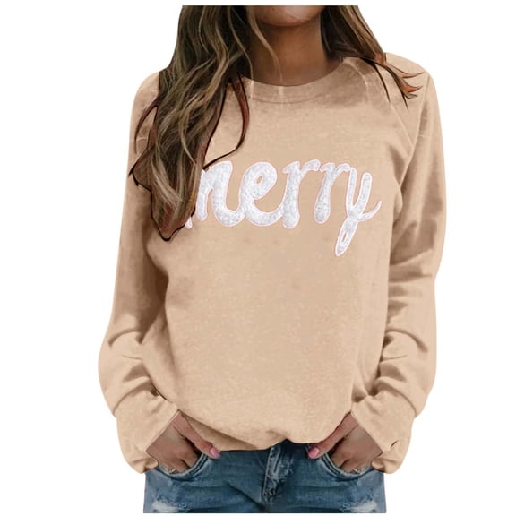 XIAOCHA Women's "Merry" Letter Sweatshirt Loose Crew Neck Pullover Top Casual Holiday Simple Sweatshirts