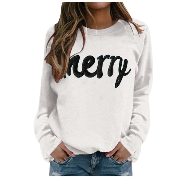 XIAOCHA Women's "Merry" Letter Sweatshirt Loose Crew Neck Pullover Top Casual Holiday Simple Sweatshirts