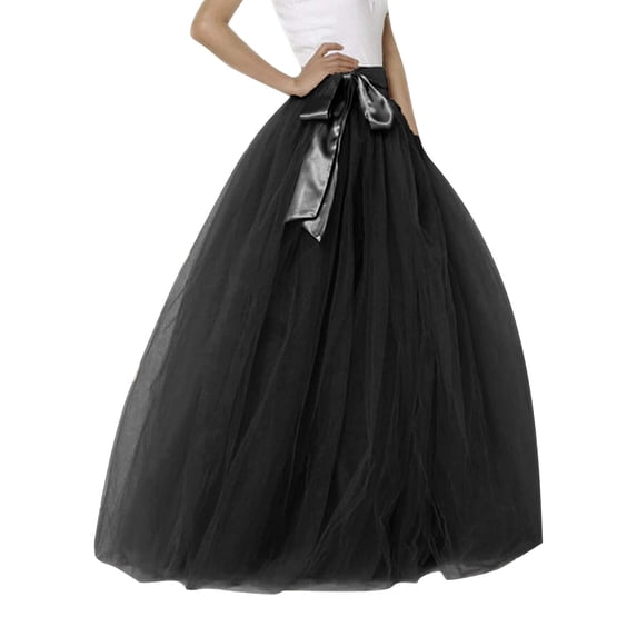 XIAOCHA Women's Mesh Tulle Maxi Skirt Elastic High Waisted Swishy Long Skirt Parties Fluffy Layered Bow Skirt