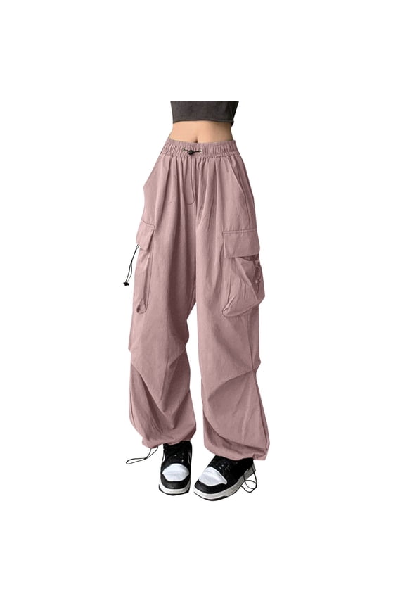 Women's Multi Pocket Parachute Cargo Pants Baggy Fit Full Length Drawstring Waist Parachute Pants Lightweight Streetwear Street Trousers