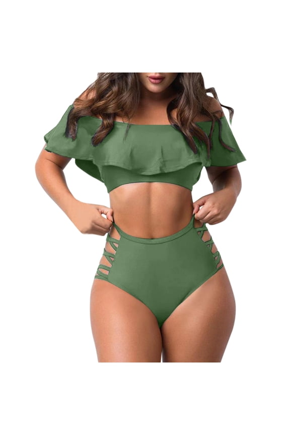 Women's Off Shoulder Ruffled Tankini Swimsuit Set Solid Color Split Beachwear Two Piece Bikini