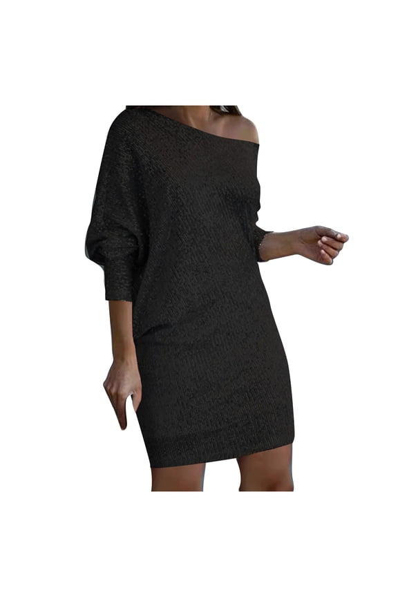 Women's Off Shoulder Sweater Dress Batwing Sleeve Ribbed Knit Shift Dress Casual Chic Night Out Evening Dress