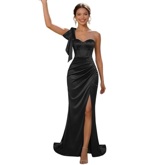 XIAOCHA Women's One Shoulder Bow Summer Maxi Dress Corset Bust High Slit Formal Summer Long Gown