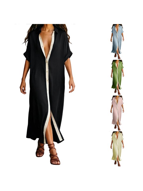Women's Open Front Maxi Shirt Dress Turn Down Collar Split Beach Long Dress