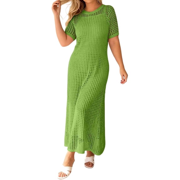 XIAOCHA Women's Open Knit Cover-Up Dress Crew Neck Short-Sleeve Summer Beach Maxi Dress