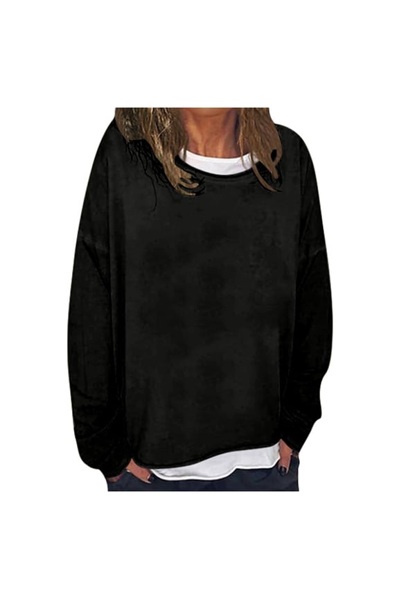 Women's Oversized Distressed Neckline Sweatshirt Long Sleeve Crew Neck Pullover Knit Top Soft Edgy Casual Sweatshirts