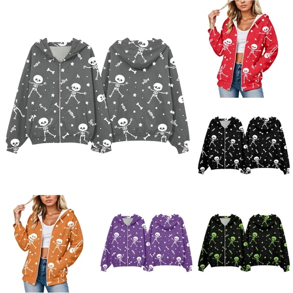 Resource Protection XIAOCHA Women's Oversized Halloween Zip‑Up Hoodie Skeleton Graphic Long ...