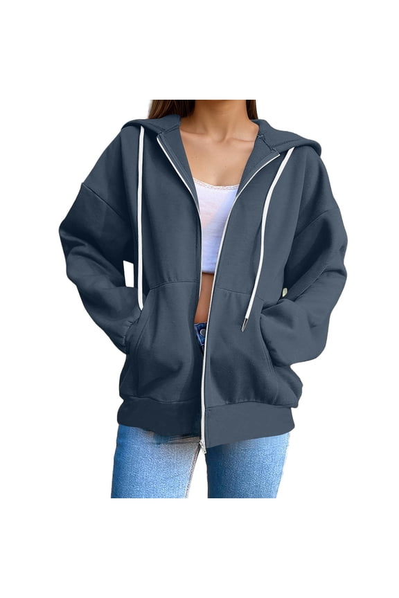 Women's Oversized Zip Up Hoodie Drop Shoulder Kangaroo Pocket Hooded Jacket Soft Casual Daily Loungewear Top