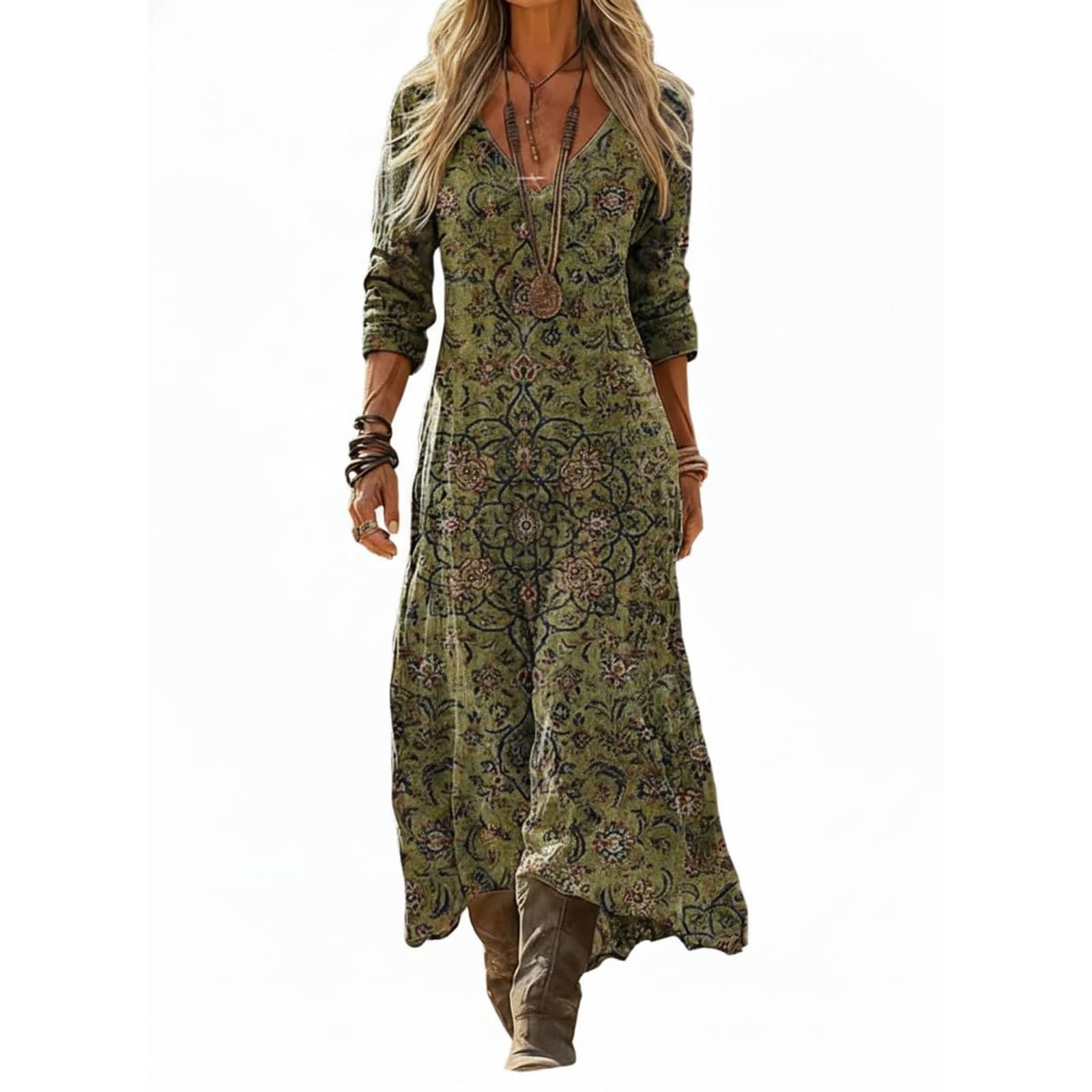 XIAOCHA Women's Paisley V Neck Maxi Dress Long Sleeve Relaxed Fit Flowy Dresses Boho Vacation Casual Dress