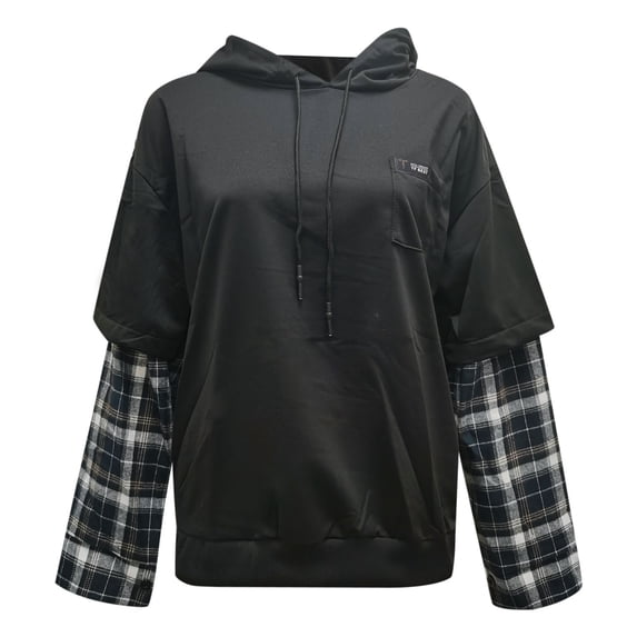 XIAOCHA Women's Plaid Layered Sleeve Hoodie Oversized Long Sleeve Hooded Pullover Hoodie Lightweight Edgy Street Hoodies