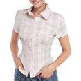 thumbnail image 1 of XIAOCHA Women's Plaid Print Button Down Shirt Short Sleeve Fitted Oktoberfest Casual Blouse, 1 of 8