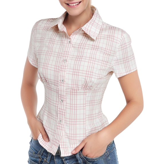 XIAOCHA Women's Plaid Print Button Down Shirt Short Sleeve Fitted Oktoberfest Casual Blouse
