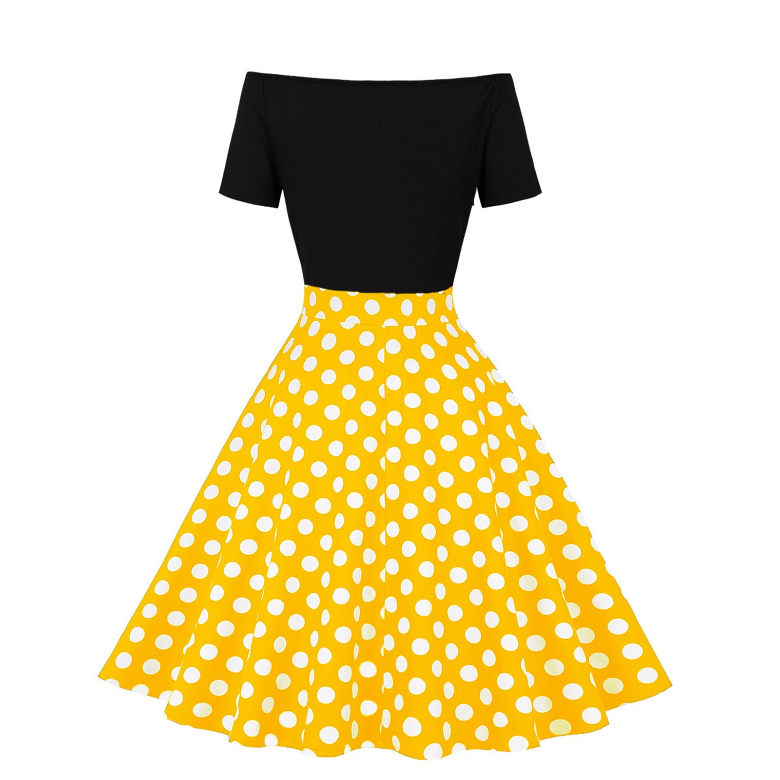 XIAOCHA Women's Polka Dot Dress Fitted Flared off Shoulder Short Sleeves Retro Swing Dress Stretchy Vintage Party Dresses