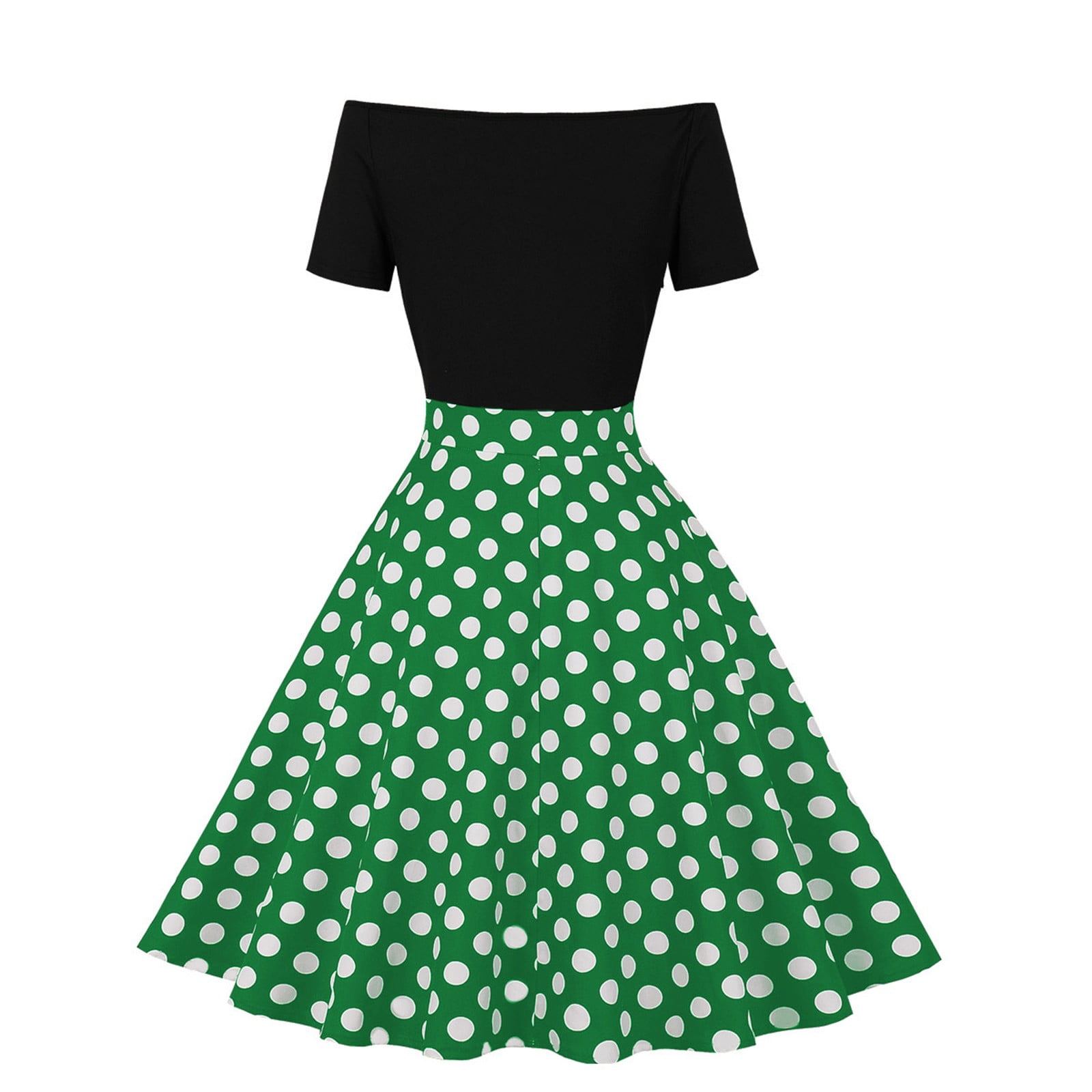 XIAOCHA Women's Polka Dot Dress Fitted Flared off Shoulder Short Sleeves Retro Swing Dress Stretchy Vintage Party Dresses