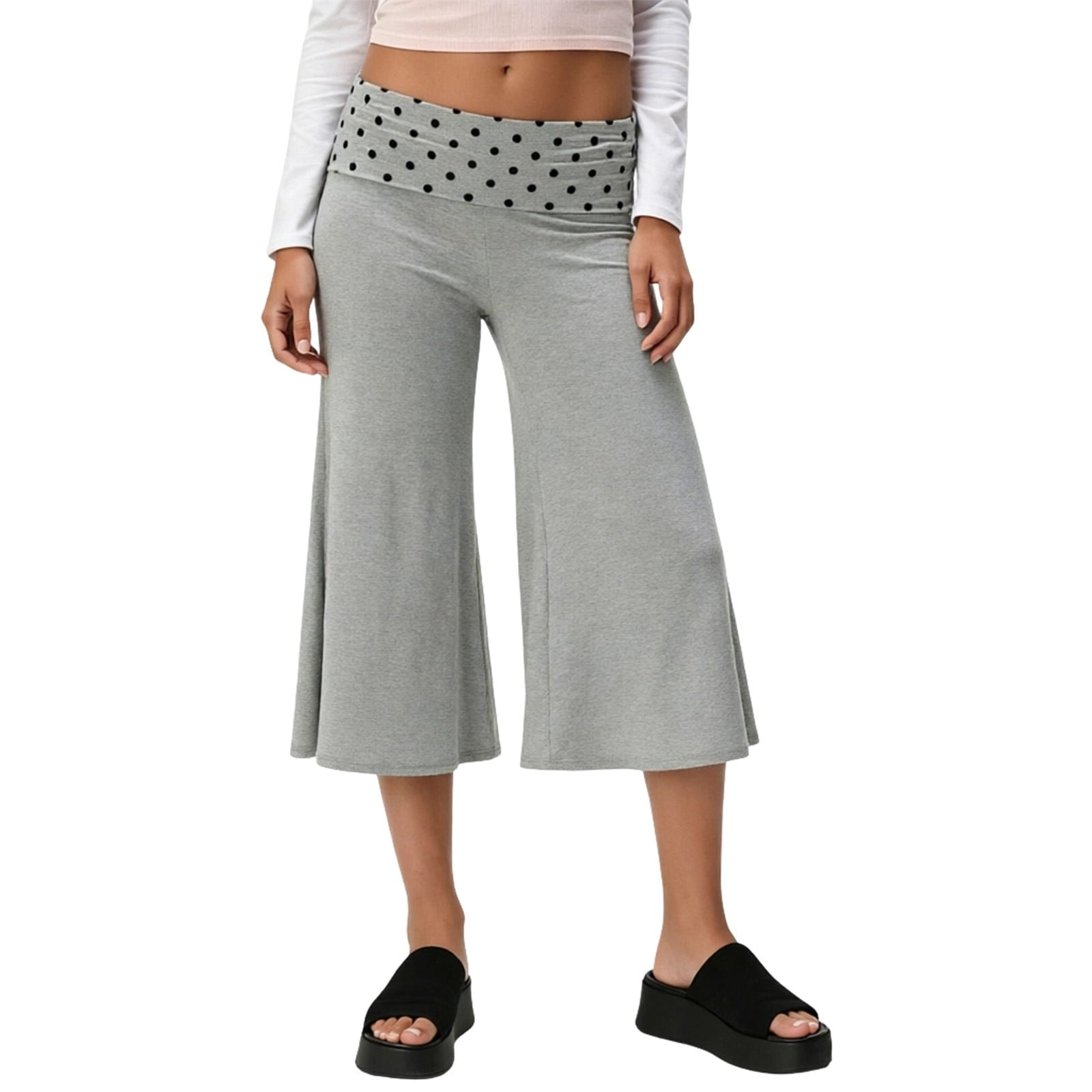 XIAOCHA Women's Polka Dot Fold over Waist Flared Capri Pants Casual ...