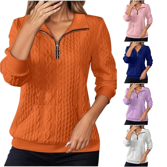 XIAOCHA Women's Quarter Zip Sweatshirt Textured Knit Long Sleeve Pullover Top, Orange, Sizes S