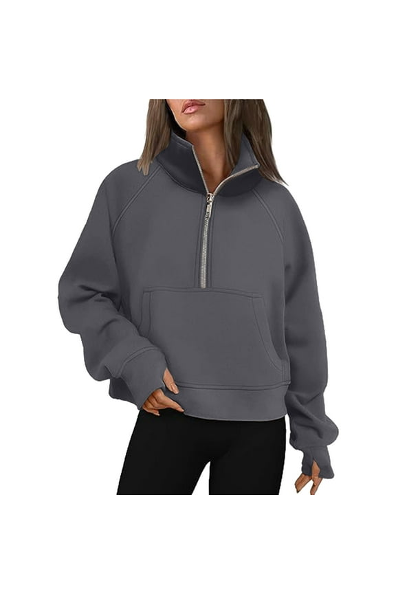 Women's Raglan Sleeve Quarter Zip Sweatshirts Cropped Fit Kangaroo Pocket Pullover Cozy Casual Daily Top