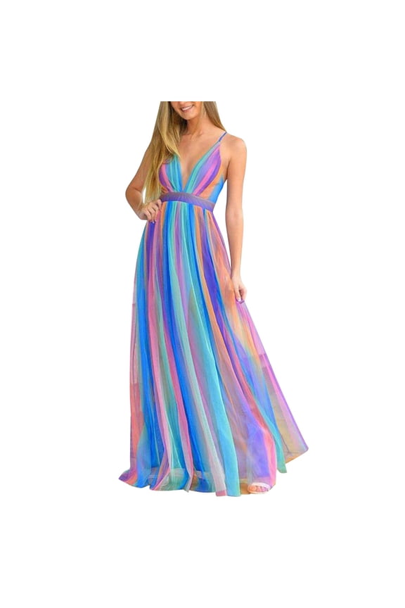Women's Rainbow Stripe Maxi Dress Spaghetti Strap Deep V Neck Flowy Chiffon Dress Bohemian Beach Wedding Guest Prom Dress