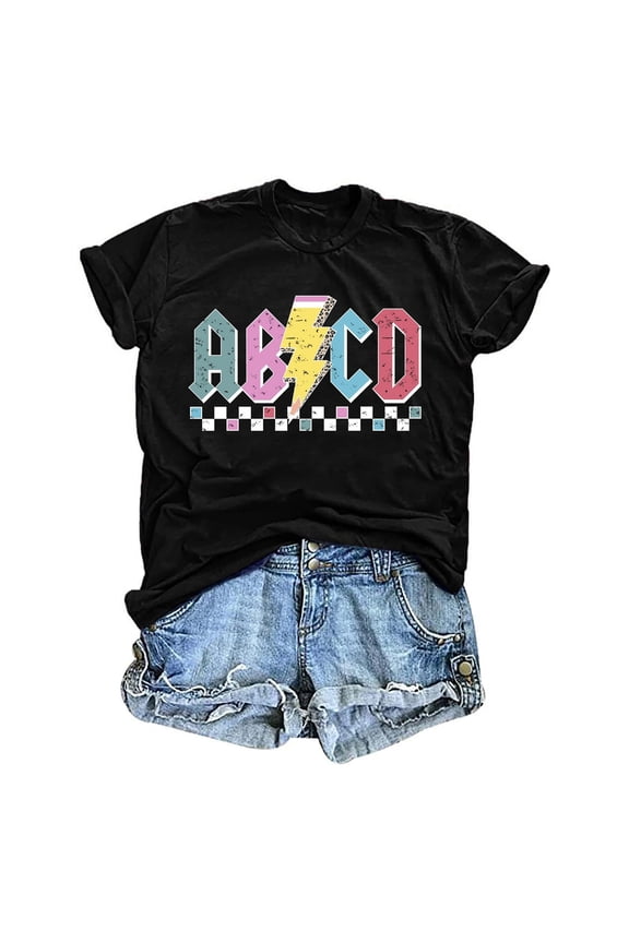 Women's Retro Graphic T Shirt Drop Shoulder ABCD Lightning Print Tee Breathable Casual Daily Wear Top