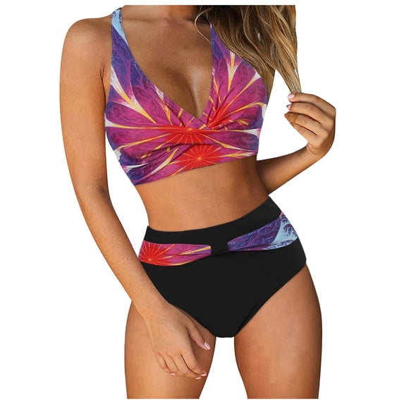 XIAOCHA Women's Retro Push Up Two Piece Swimsuit High Waisted Ruched Print Bikini Tankini Set