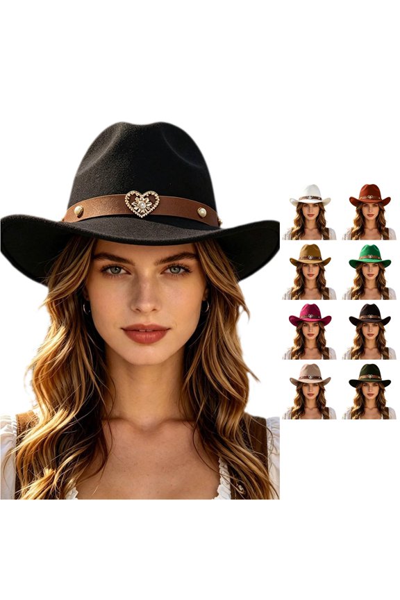 Women's Rhinestone Embellished Faux Wool Cowboy Hat Cattleman Crown Rodeo Wide Brim Western Hat,Black