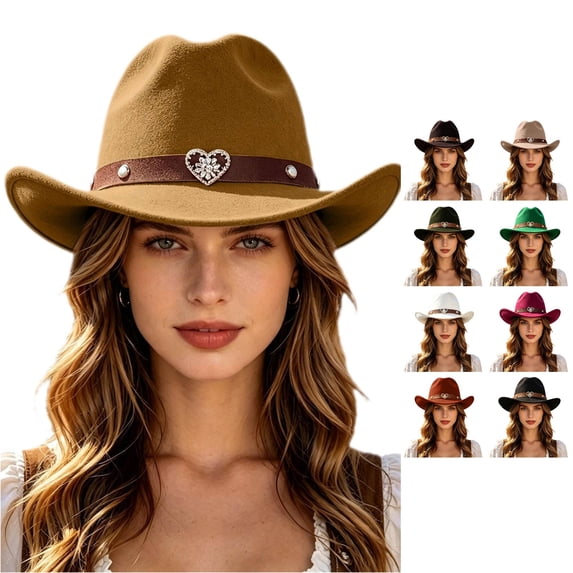 XIAOCHA Women's Rhinestone Embellished Wool Cowboy Hat Cattleman Rodeo Wide Brim Western Hat,Khaki