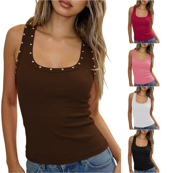XIAOCHA Women's Rhinestone Tank Top Sleeveless Slim Fit Going Out Casual Crop Tops