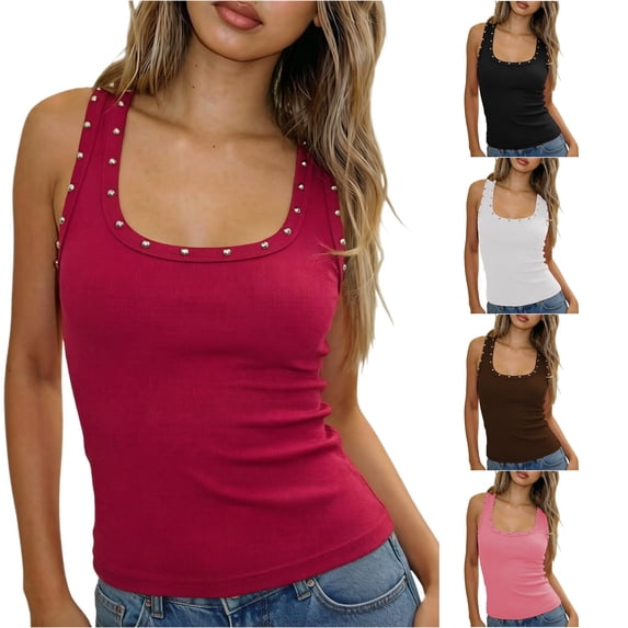 XIAOCHA Women's Rhinestone Tank Top Sleeveless Slim Fit Going Out Casual Crop Tops