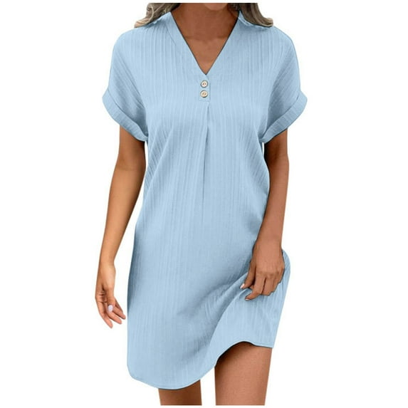 XIAOCHA Women's Ribbed Shirt Dress V Neck Rolled Short Sleeve Button Mini Dress Casual Loose Fit Daily Beach Vacation Dress