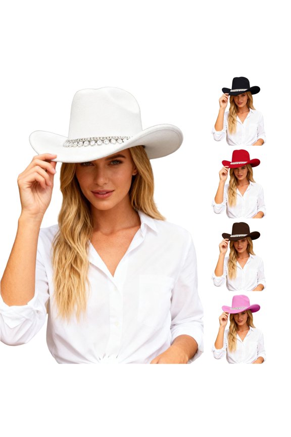 Women's Round Rhinestone Band Cowboy Hat Solid Horse‑Riding Rodeo Cowgirl Hat,White