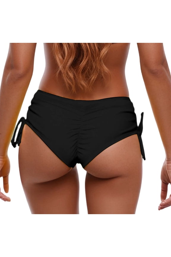 Women's Ruched Back Side Tie Swim Brief Adjustable Solid Beach Pool Bikini Bottom
