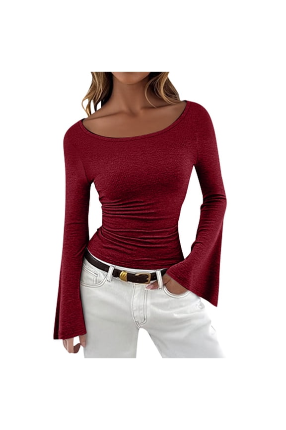 Women's Ruched Fitted Blouse Long Flare Sleeve Boat Neck Slim Fit Top Stretchy Trendy Date Night Casual Tee