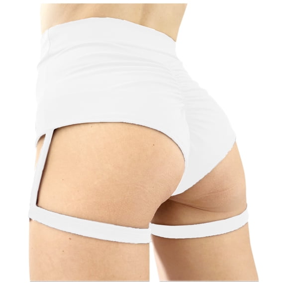 XIAOCHA Women's Ruched Thigh Strap Booty Shorts Slim Fit Short Length High Waisted Rave Bottoms Stretchy Sexy Club Shorts