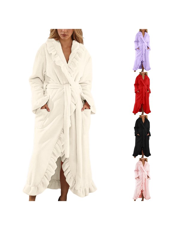 Women's Ruffle Plush Robe Fall Winter Wrap V Neck Tie Waist Long Bathrobe Nightgown