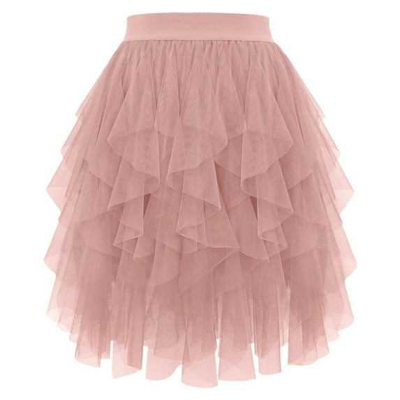 XIAOCHA Women's Ruffled Net Midi Skirt Mesh High Waist Flowy Asymmetrical Hem Skirt Elegant Trendy Party Skirts