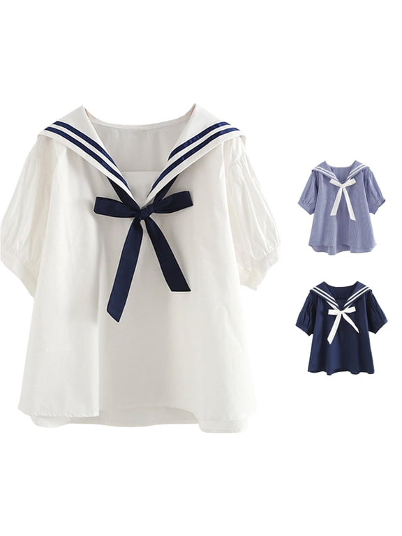 Women's Sailor Collar Shirt Solid Short Sleeve summer Pullover Top, Sizes One Size