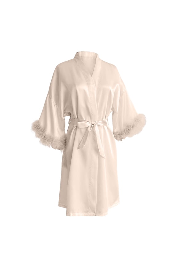 Women's Satin Bathrobe Faux Fur Cuff Loungewear Robe With Belt For Elegant Home Sleepwear
