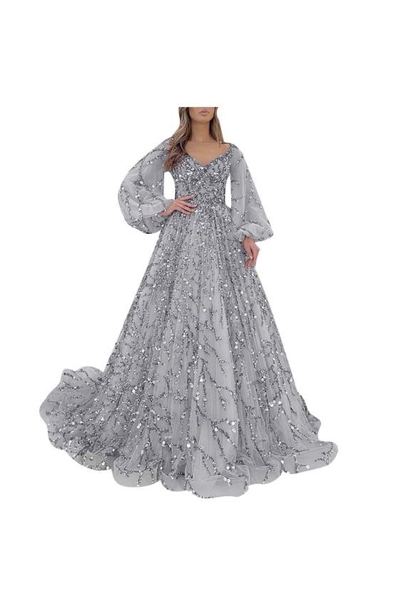 Women's Sequin Ball Gown Long Puff Sleeve V Neck Tulle Maxi Dress Elegant Formal Evening Prom Wedding Party Dress