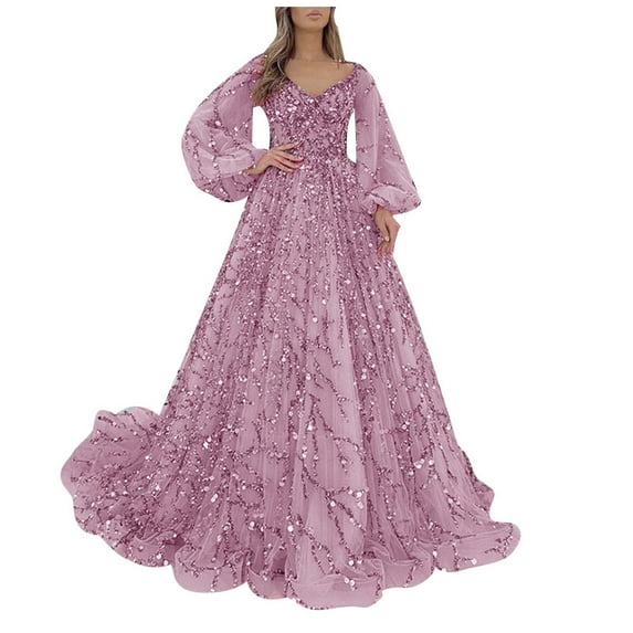 XIAOCHA Women's Sequin Ball Gown Long Puff Sleeve V Neck Tulle Maxi Dress Elegant Formal Evening Prom Wedding Party Dress