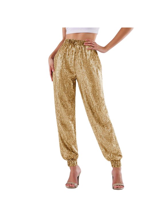Women's Sequin Embellished Jogger Pants Elastic Waist Sparkle Tapered Pants Glamorous Party Wear Pants