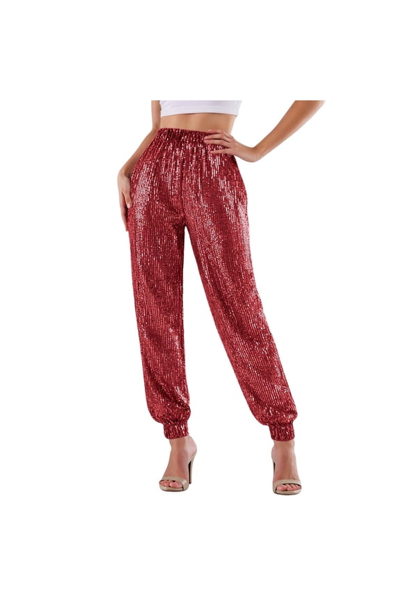 Women's Sequin Embellished Jogger Pants Elastic Waist Sparkle Tapered Pants Glamorous Party Wear Pants