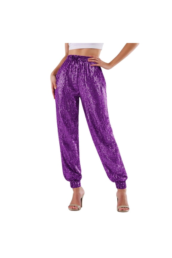 Women's Sequin Embellished Jogger Pants Elastic Waist Sparkle Tapered Pants Glamorous Party Wear Pants