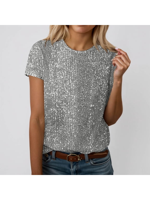 Women's Sequin Embellished T-Shirt Crew Neck Short Sleeve Night Out Casual Blouse