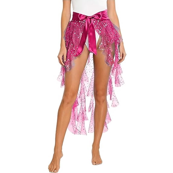 XIAOCHA Women's Sequin Mesh Wrap Skirt Satin Bow High Waist Skirt Festival Rave Party Skirts Hot Pink One Size