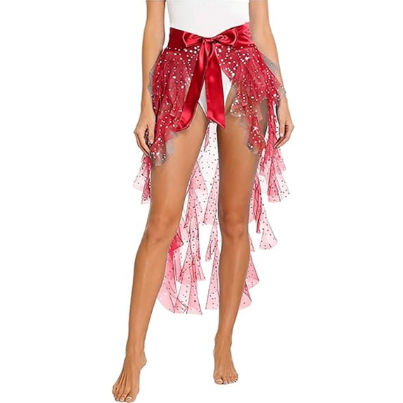 XIAOCHA Women's Sequin Mesh Wrap Skirt Satin Bow High Waist Skirt Festival Rave Party Skirts Red One Size