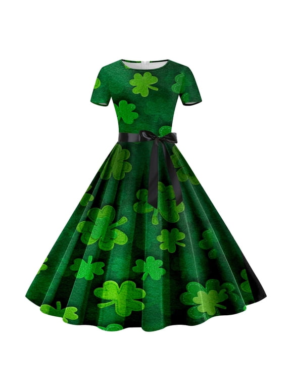Women's Shamrock Print Swing Dress Short Sleeve Belted Plaid Pattern Dress Lightweight Festive Party Wear Dresses